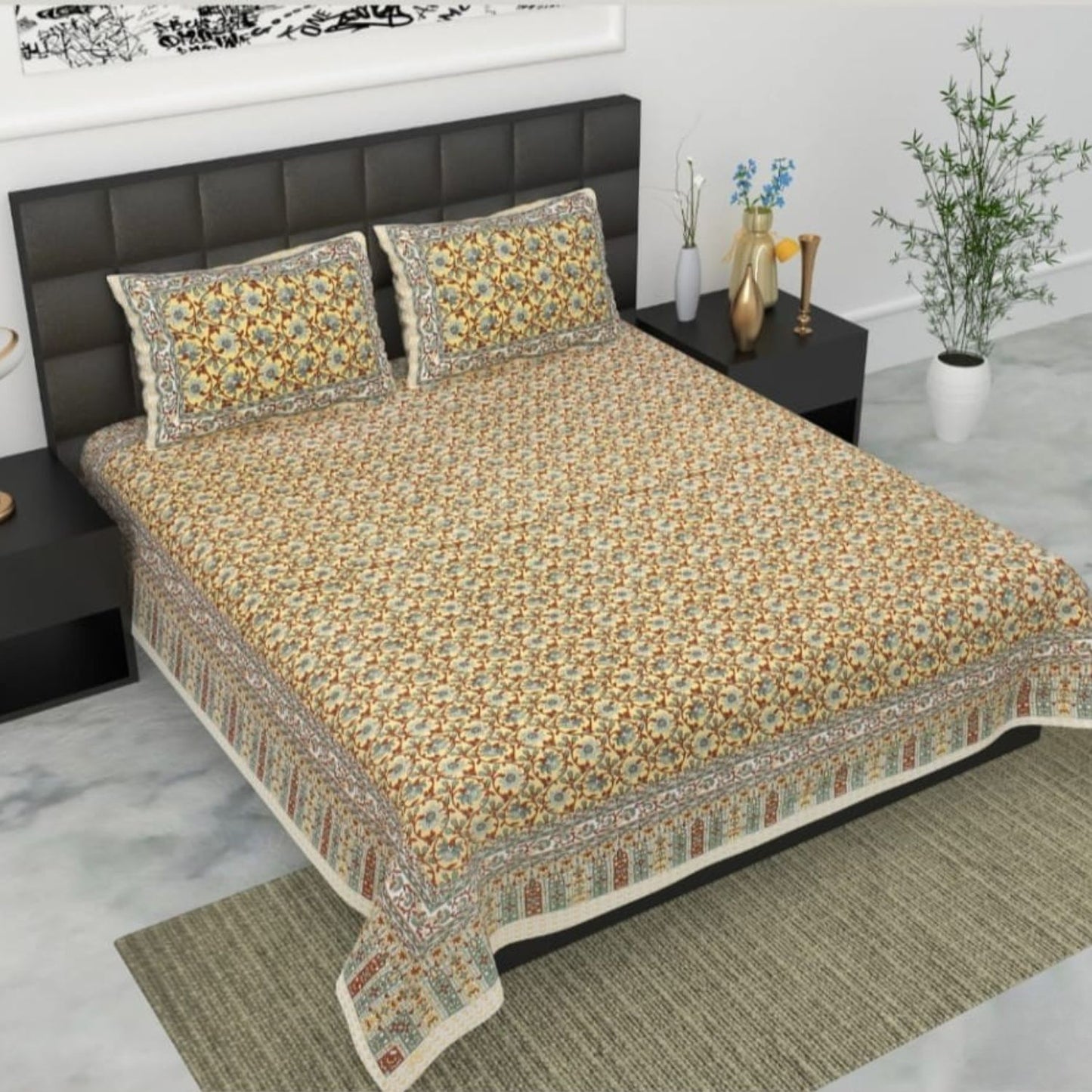 Pure Cotton Bedsheet with Pillow Covers (Cream)